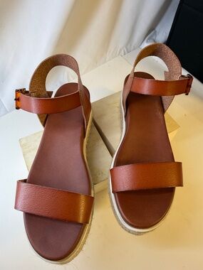 MIA Leather Espadrille Platform Sandals Women's Size 8.5 Brown Ankle Strap